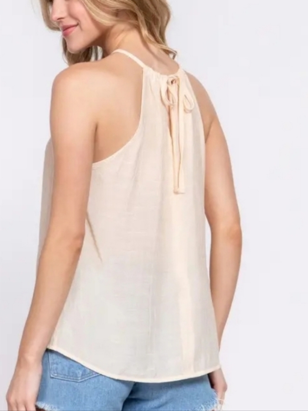NWT Active USA Cream Halter Neck Tank with Embroidered Trim - Picture 3 of 4